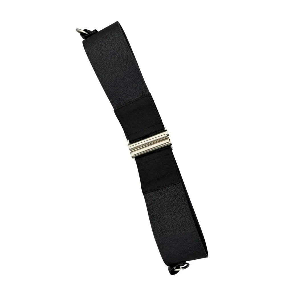 Manière De Voir Belt Womens 26.5 Black Elastic Waist Cinch Pebbled Logo Silver